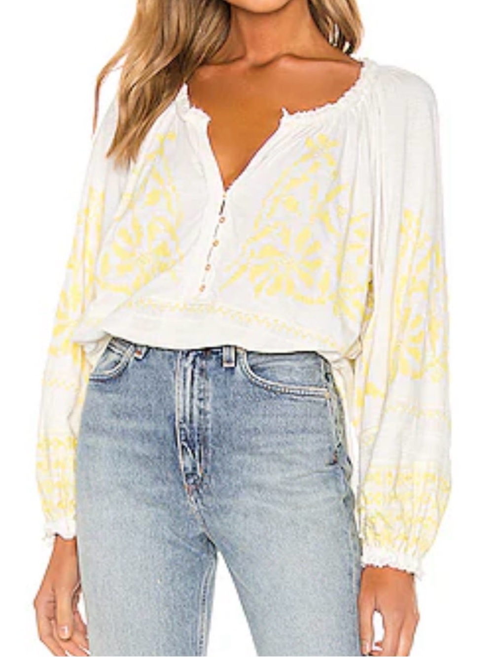 Free People Cotton Persuasion Embroidered Blouse Balloon Sleeve Oversized Large